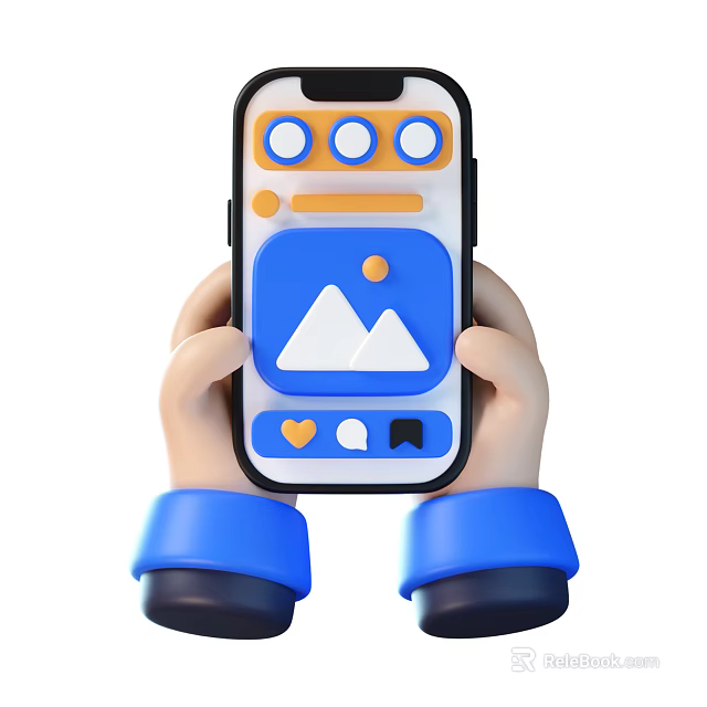 Hands Holding Smartphone With Photo App Interface Showing Mountain Icon And Bottom Icons 3d model 
