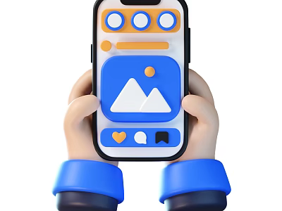 Hands Holding Smartphone With Photo App Interface Showing Mountain Icon And Bottom Icons 3d model
