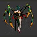 Fantasy Half Spider Character Design With Green Gold Armor Red Accents And Multiple Legs