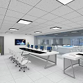 Public Office Area With Large Data Display Wall Round Table White Chairs And Green Plants