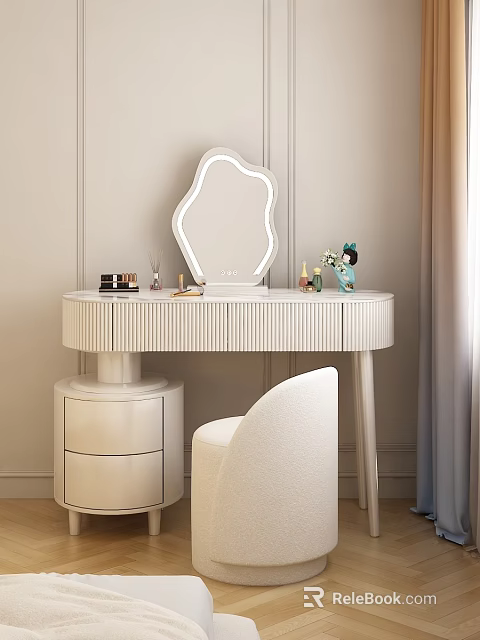 Modern White Dressing Table With Scalloped Mirror Cosmetics Decorative Items And Chair 3d model 