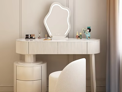 Modern White Dressing Table With Scalloped Mirror Cosmetics Decorative Items And Chair 3d model