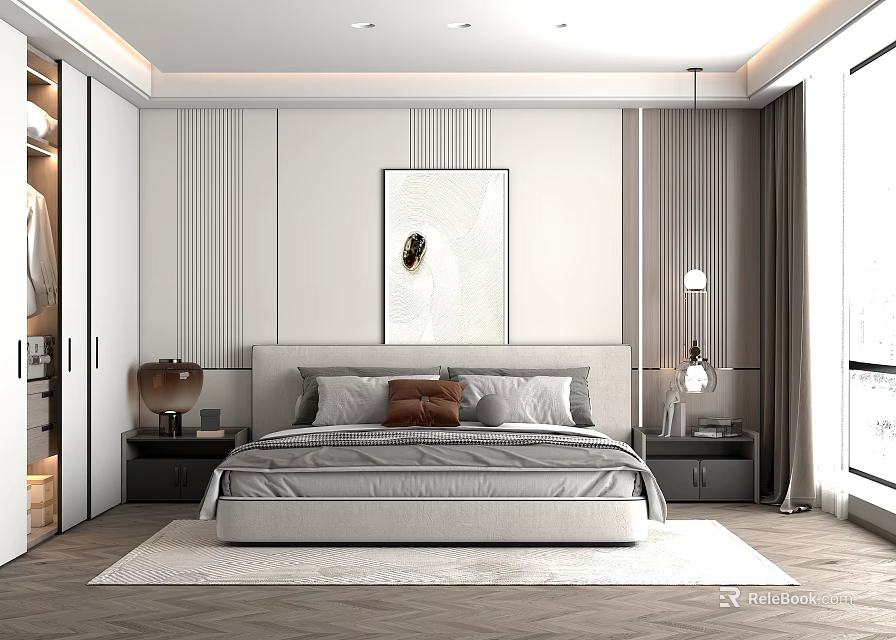 Modern Bedroom Interior Design With Bedhead Pillows Nightstands Table Lamps And Striped Walls 3d model 