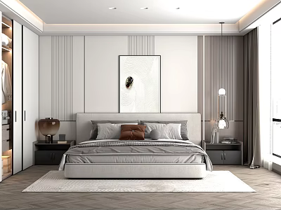 Modern Bedroom Interior Design With Bedhead Pillows Nightstands Table Lamps And Striped Walls 3d model