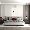 Modern Bedroom Interior Design With Bedhead Pillows Nightstands Table Lamps And Striped Walls