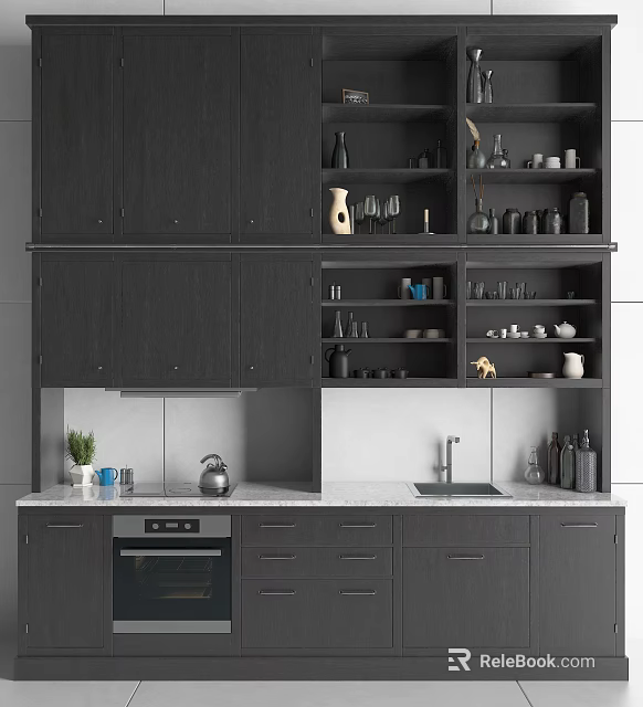 Modern Kitchen With Dark Cabinets Open Shelves Countertop Sink And Decor 3d model 