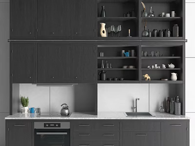 Modern Kitchen With Dark Cabinets Open Shelves Countertop Sink And Decor 3d model