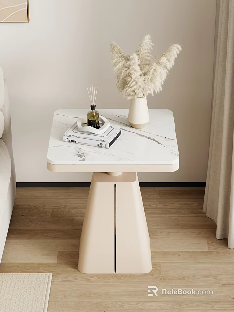 Modern Elegant Side Table With Marble Top Beige Base Aromatherapy Diffuser Book And Pampas Vase 3d model 