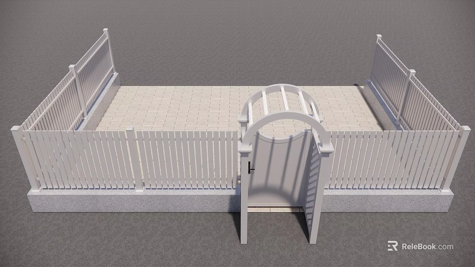 White Arched Entrance Gate With Picket Fence And Stone Paved Pathway 3d model 