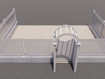 White Arched Entrance Gate With Picket Fence And Stone Paved Pathway 3d model