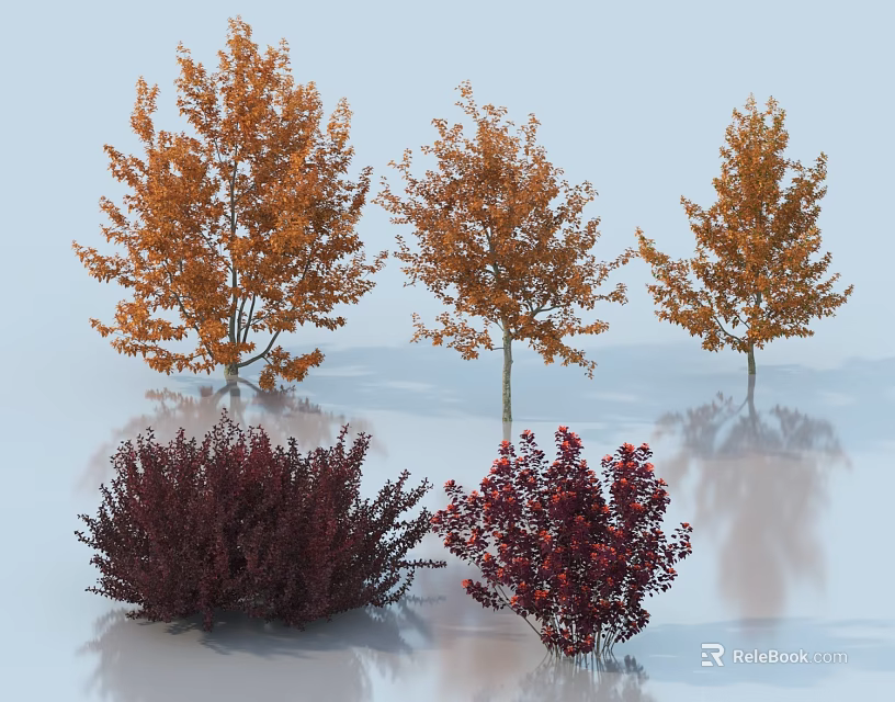 Three Orange Leaf Trees and Two Dark Red Shrubs in 3D Display Scene 3d model 