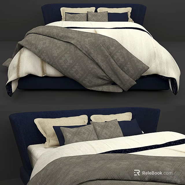 Double Bed With Navy Headboard Gray Blanket And Decorative Pillows 3d model