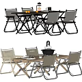 Outdoor Folding Table and Chairs Black and Beige with Fire Pit for Patio Garden Use