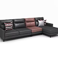 Modern Black Sectional Sofa With Brown Accents And Patterned Throw Pillows 3d model