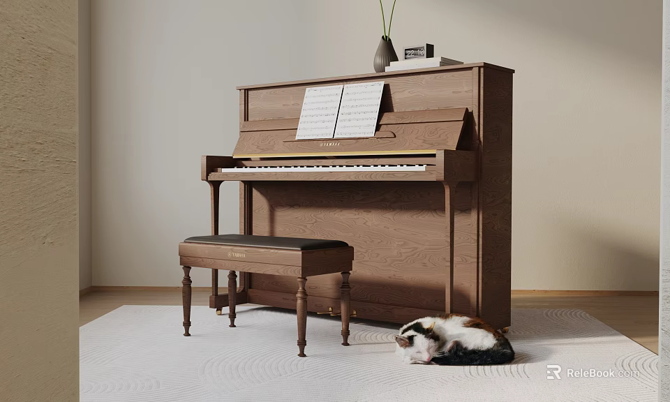 Wooden Piano With Sheet Music And Bench In Cozy Room With Cat On Floor 3d model 