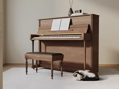 Wooden Piano With Sheet Music And Bench In Cozy Room With Cat On Floor 3d model