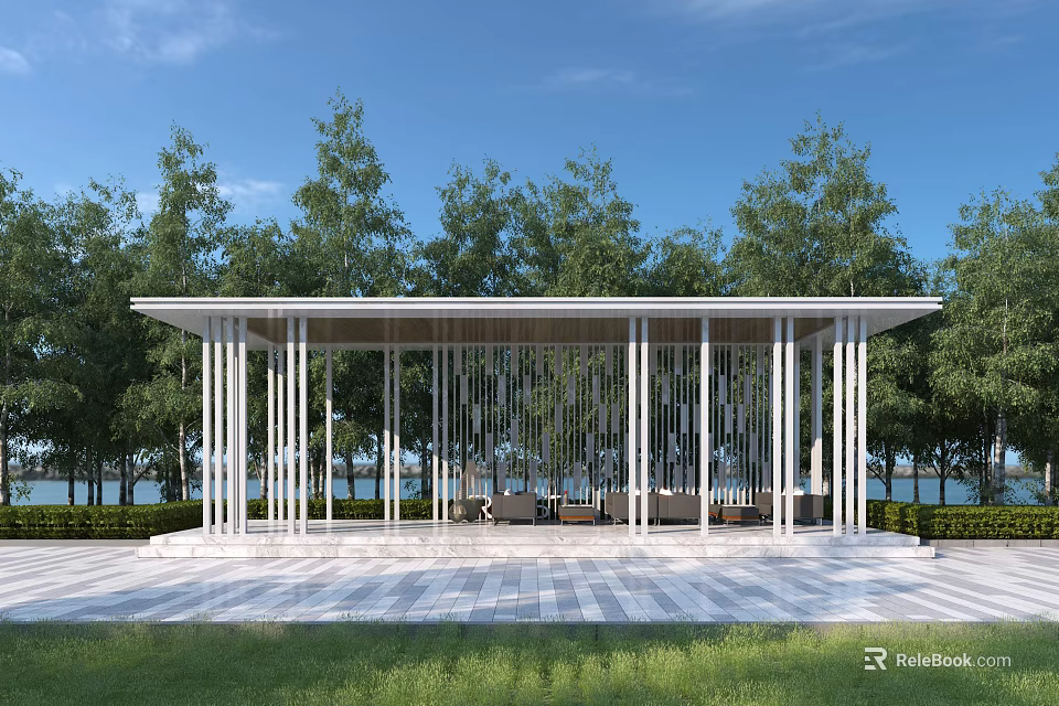 Modern Pergola With White Columns Sofa Seating And Paved Floor Overlooking Water View 3d model 