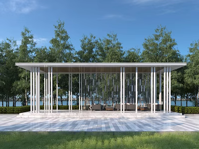 Modern Pergola With White Columns Sofa Seating And Paved Floor Overlooking Water View 3d model