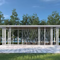 Modern Pergola With White Columns Sofa Seating And Paved Floor Overlooking Water View