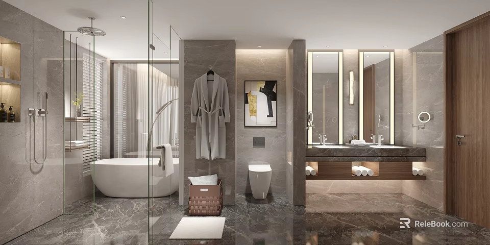 Hotel Bathroom Modern Interior With Bathtub Shower Double Vanity And Marble Walls 3d model 