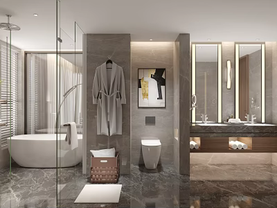 Hotel Bathroom Modern Interior With Bathtub Shower Double Vanity And Marble Walls 3d model