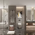 Hotel Bathroom Modern Interior With Bathtub Shower Double Vanity And Marble Walls