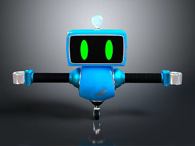 Playful Blue Robot Featuring Green Eyes Small Dome Top Black Arms Silver Ends And Wheels 3d model