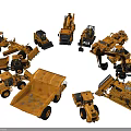 Various Yellow Construction Functional Vehicles Including Bulldozers Loaders Arranged In Circle