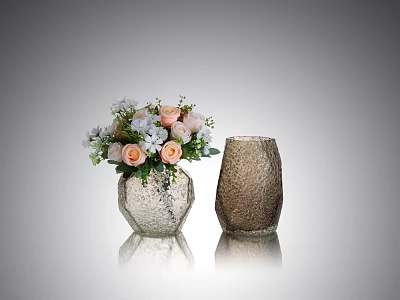 Elegant Textured Vases With Pink White Flowers And Green Leaves 3d model