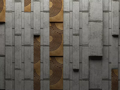 Modern Textured Wall Interior Design With Gray Vertical Panels And Gold Circular Patterns 3d model