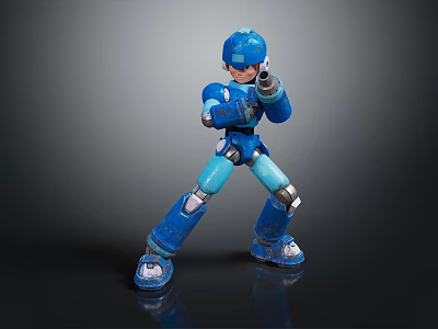 Blue Robot Character In Action Pose With Mechanical Armor And Blaster 3d model