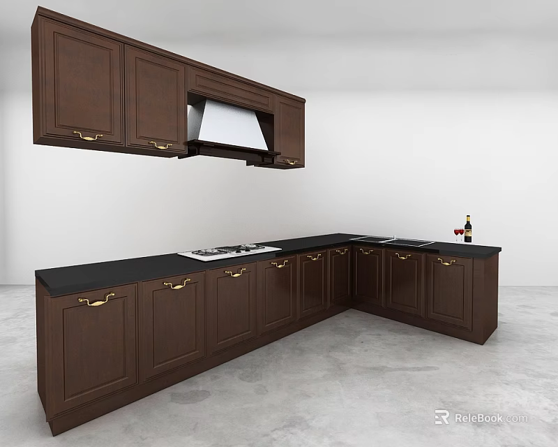 Dark Brown Kitchen Cabinets With Upper And Lower Units And Black Countertop 3d model 