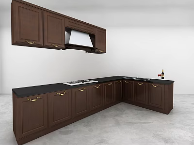 Dark Brown Kitchen Cabinets With Upper And Lower Units And Black Countertop 3d model