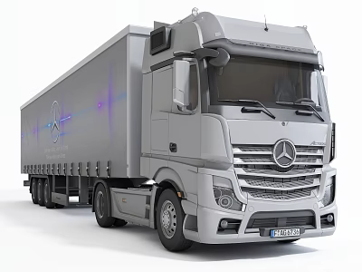 Modern Mercedes-Benz Silver Cargo Truck With Trailer And Blue Graphic Design 3d model