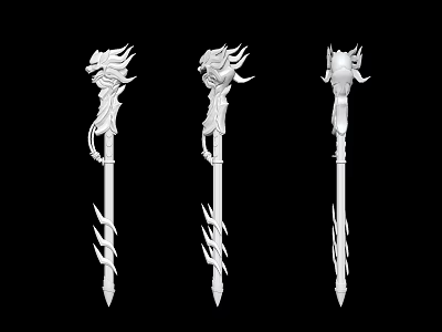 Three Ornate Mythical Weapons Featuring Dragon Head And Flame Decorative Designs 3d model