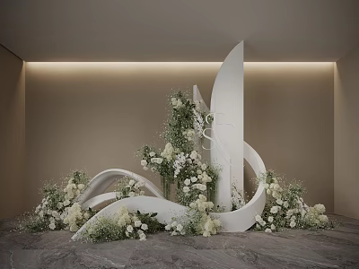 Modern Floral Installation With White Curved Structures White Flowers And Green Foliage 3d model
