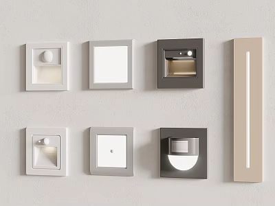 Various Designed Wall Electrical Panels in Different Colors and Shapes on White Wall 3d model