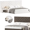 Double Bed with Diamond Tufted Headboard White Gray Soft Pillows and Blanket 3d model