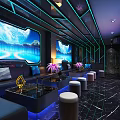 Modern KTV Corridor Interior With Neon Lights Decorative Walls Artwork And Mirrored Floor