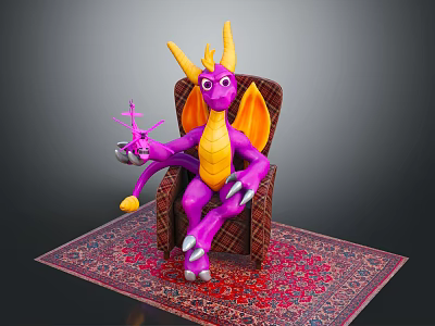Purple Dragon Sitting On Plaid Armchair Holding Small Object With Red Patterned Rug 3d model