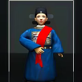Game Movie Character in Blue Traditional Costume with Red Sash and Ancient Decorative Patterns
