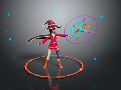 Wizard In Red Outfit With Cloak Holding Colorful Magic Wheel On Orange Ring 3d model