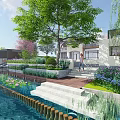Residential Garden Landscape Design With Green Lawn Trees Pathways And Water Feature