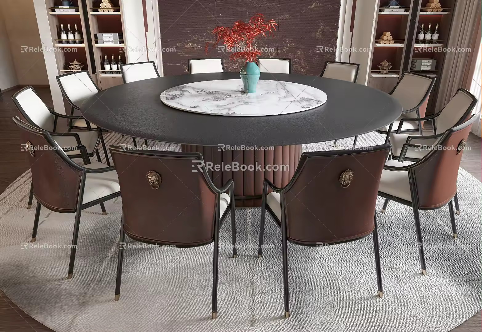 New Chinese Dining Table and Chair Combination Round Dining Table Dining Chair Background Wall 3d model