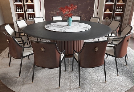 New Chinese Dining Table and Chair Combination Round Dining Table Dining Chair Background Wall 3d model