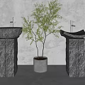Stone Pedestal Washbasins With Small Tree And Textured Wall In Modern Space