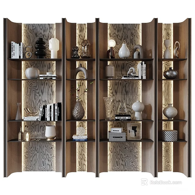 Modern Wooden Bookcase With Layered Shelves Books Decorative Vases And Lamps 3d model 