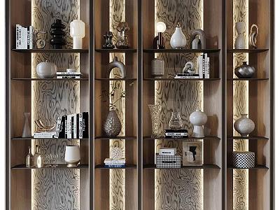Modern Wooden Bookcase With Layered Shelves Books Decorative Vases And Lamps 3d model