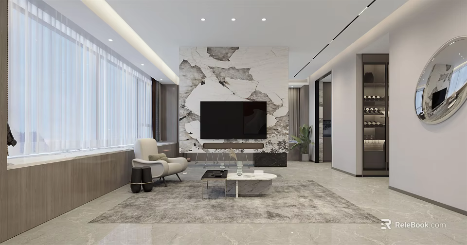 Modern Living Dining Room Interior With Marble Wall TV Sofa And Coffee Table 3d model 