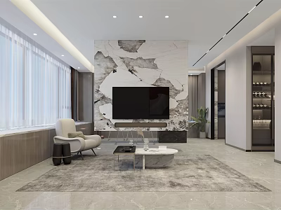 Modern Living Dining Room Interior With Marble Wall TV Sofa And Coffee Table 3d model